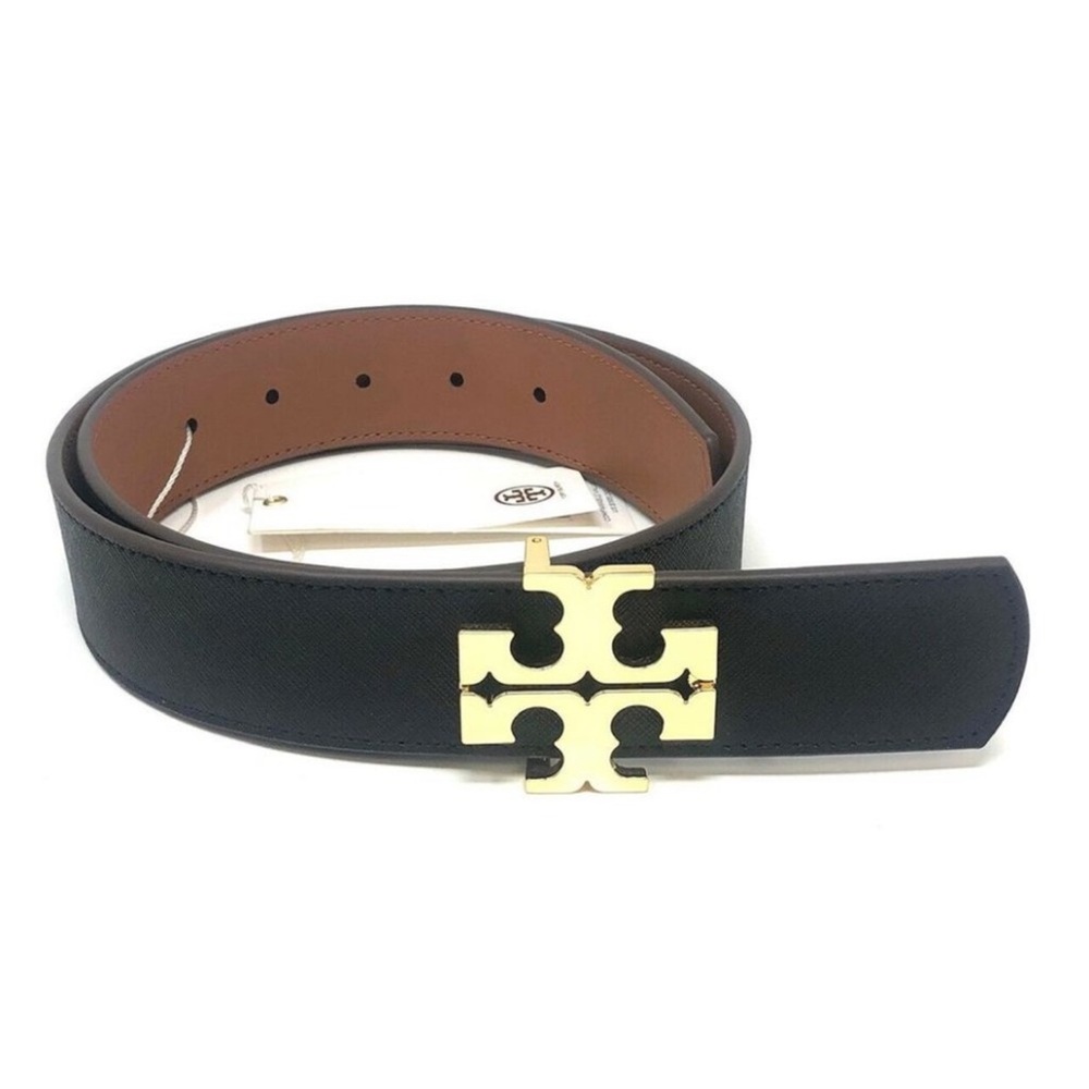 Black and Brown reversible Tory Burch Leather Belt with Gold Buckle